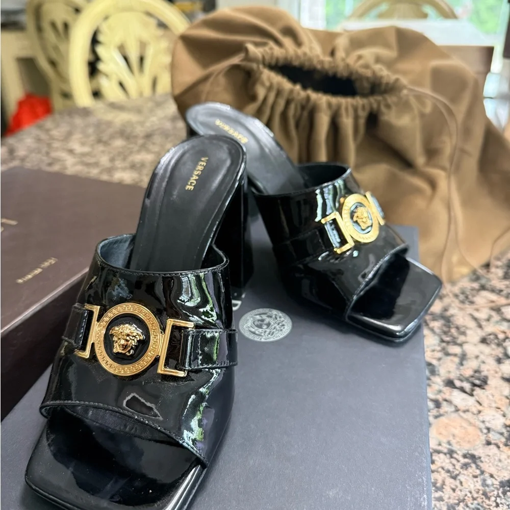 Versace | Shoes | Versace Black Leather Mule85 With Gold Accents